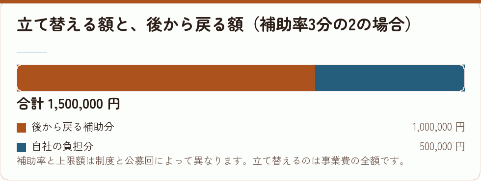 立て替える額と、後から戻る額（補助率3分の2の場合）｜会社設立の補助金