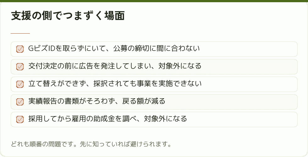 支援の側でつまずく場面｜会社設立の補助金