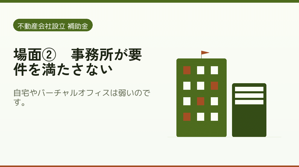 場面②｜事務所が要件を満たさない｜会社設立の補助金と支援