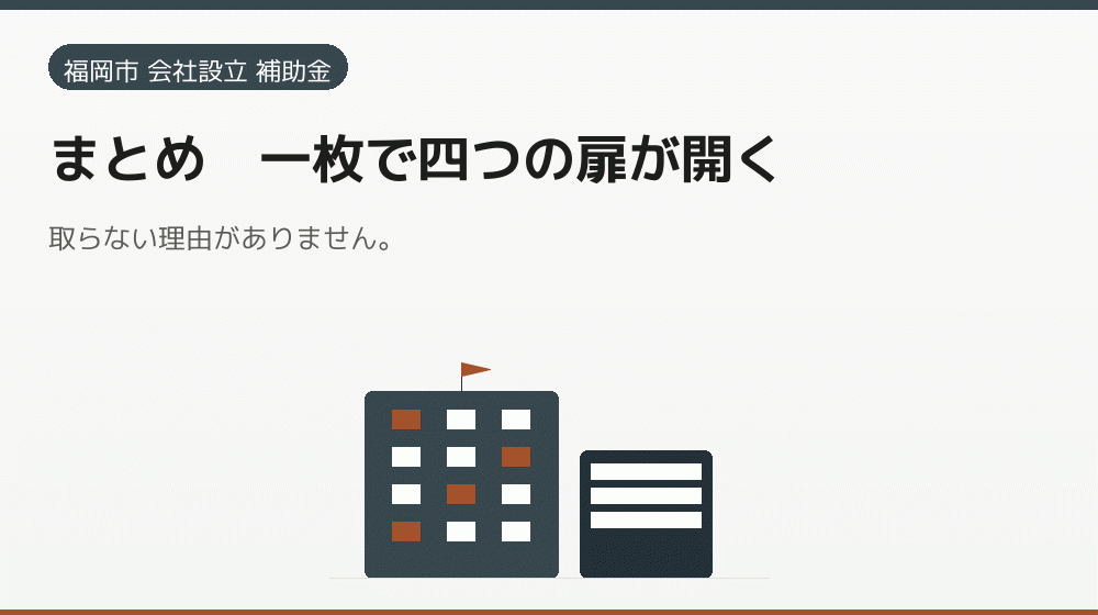 まとめ｜一枚で四つの扉が開く｜会社設立の補助金と支援