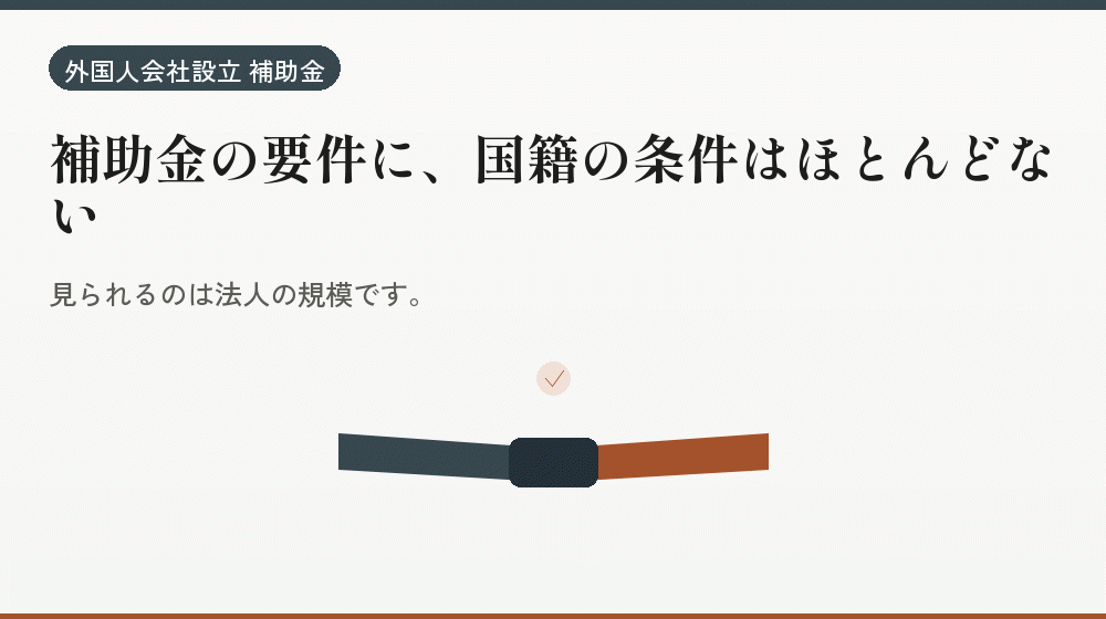 補助金の要件に、国籍の条件はほとんどない|会社設立の補助金と支援