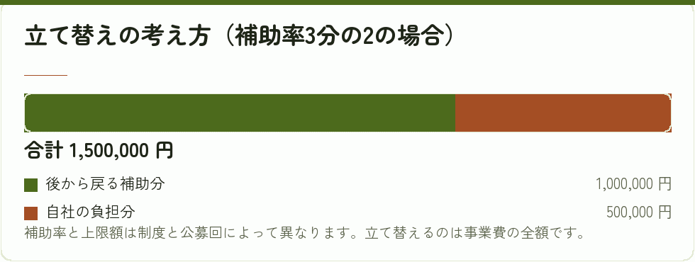 立て替えの考え方（補助率3分の2の場合）｜会社設立の補助金