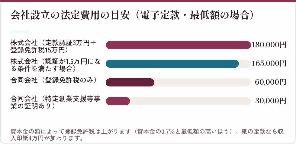 会社設立の法定費用の目安（電子定款・最低額の場合）｜会社設立の補助金