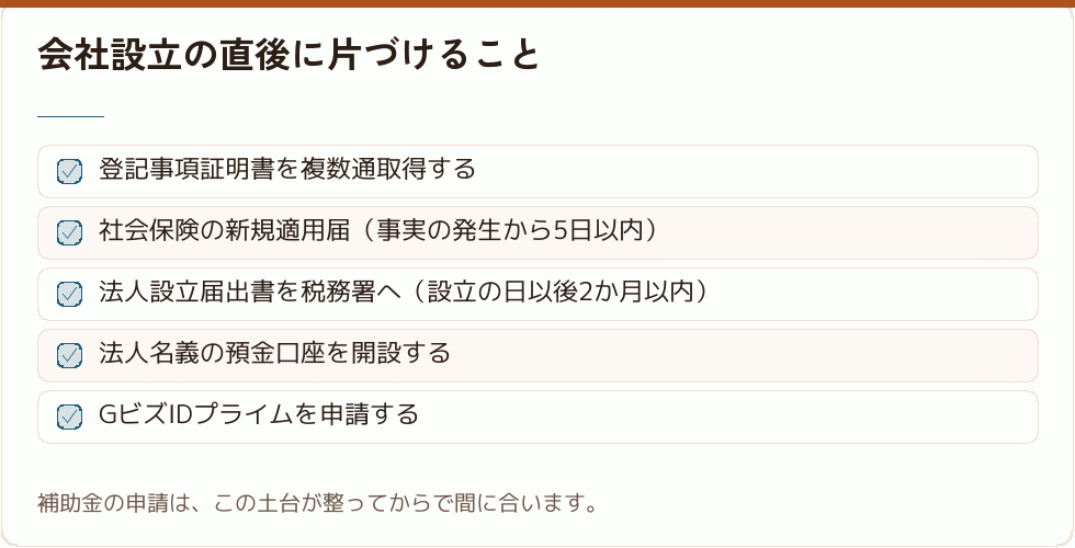 会社設立の直後に片づけること｜会社設立の補助金