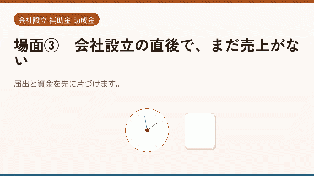 場面③｜会社設立の直後で、まだ売上がない｜会社設立の補助金と支援
