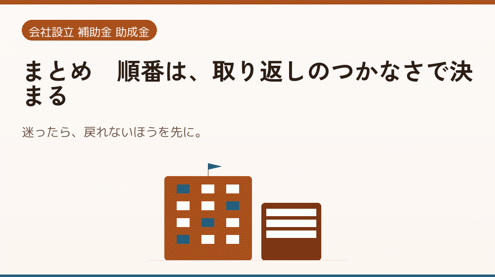 まとめ｜順番は、取り返しのつかなさで決まる｜会社設立の補助金と支援
