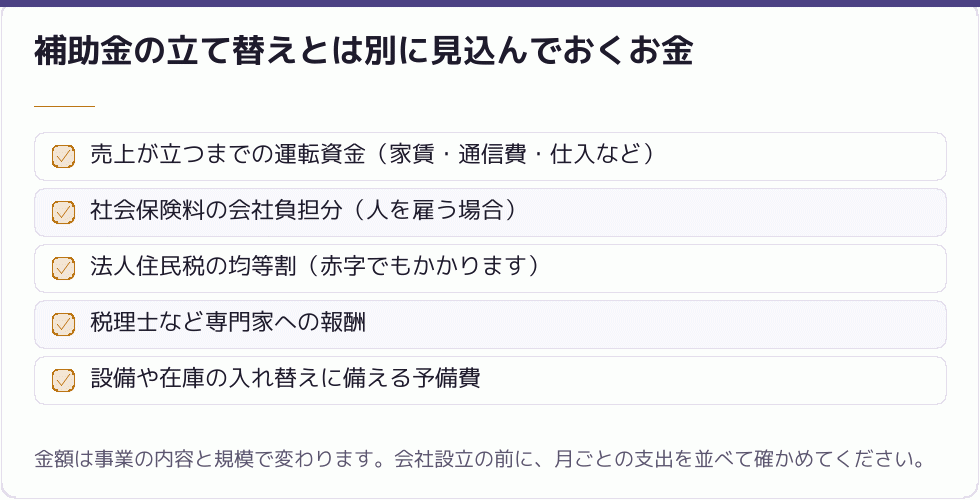 補助金の立て替えとは別に見込んでおくお金｜会社設立の補助金