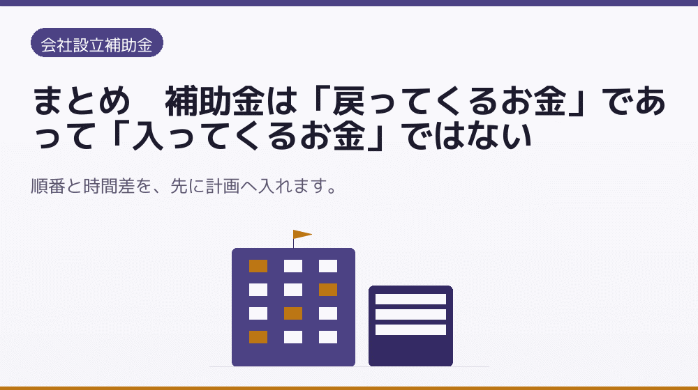 まとめ｜補助金は「戻ってくるお金」であって「入ってくるお金」ではない｜会社設立の補助金と支援