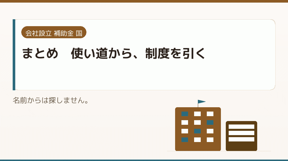 まとめ｜使い道から、制度を引く｜会社設立の補助金と支援