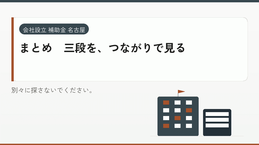 まとめ｜三段を、つながりで見る｜会社設立の補助金と支援