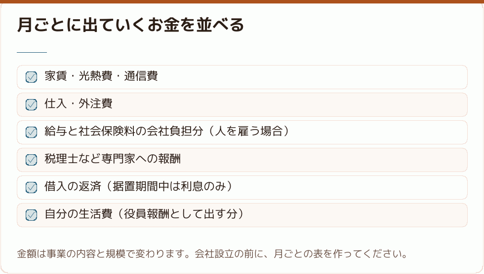 月ごとに出ていくお金を並べる｜会社設立の補助金