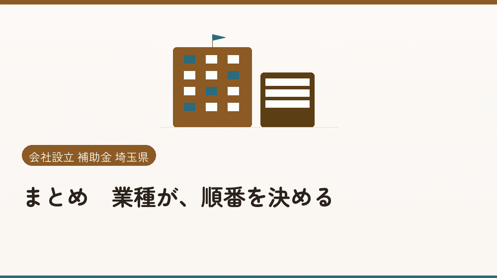 まとめ｜業種が、順番を決める｜会社設立の補助金と支援