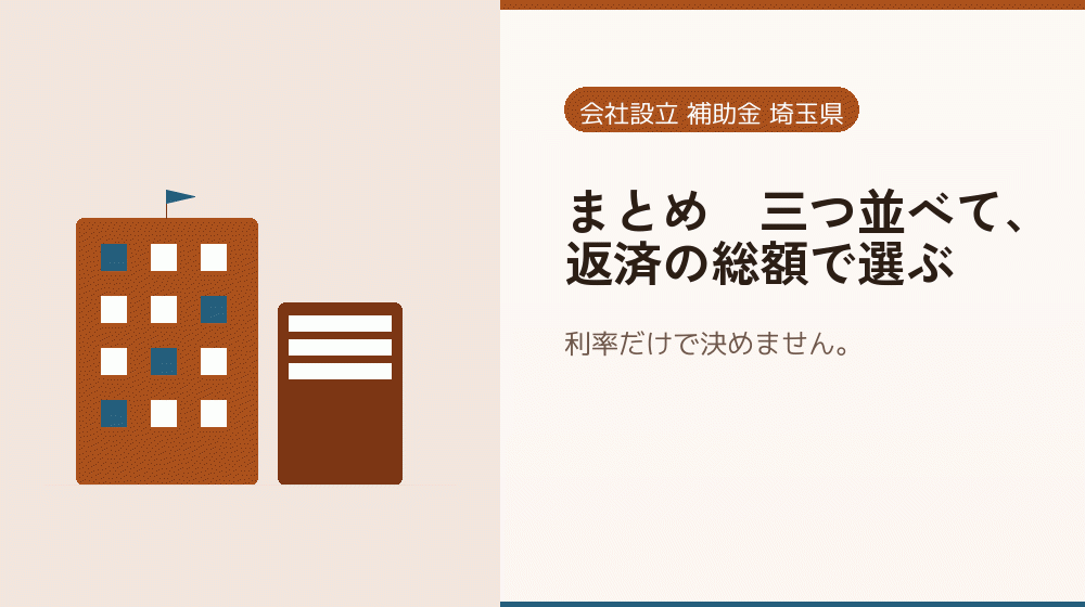 まとめ|三つ並べて、返済の総額で選ぶ|会社設立の補助金と支援