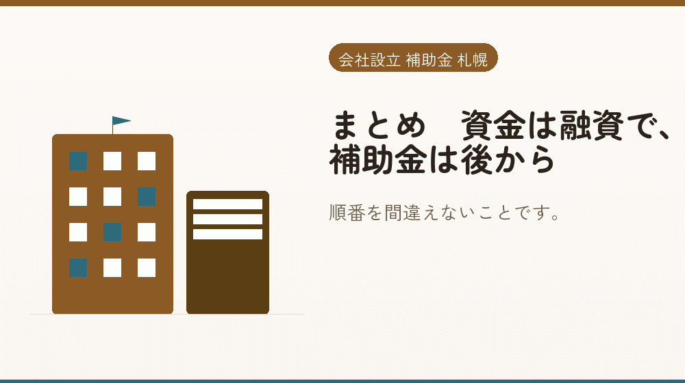 まとめ｜資金は融資で、補助金は後から｜会社設立の補助金と支援