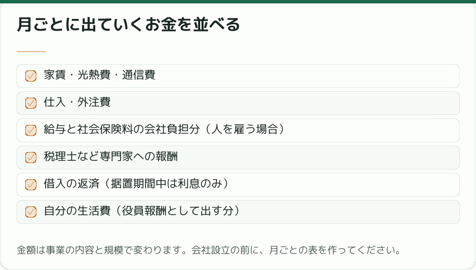 月ごとに出ていくお金を並べる｜会社設立の補助金