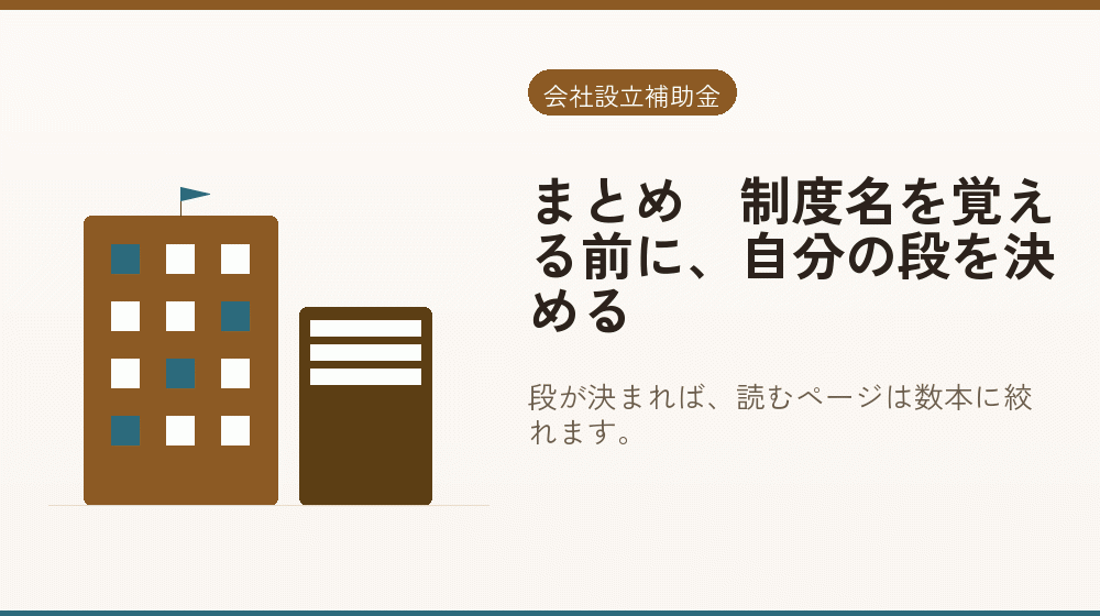 まとめ｜制度名を覚える前に、自分の段を決める｜会社設立の補助金と支援