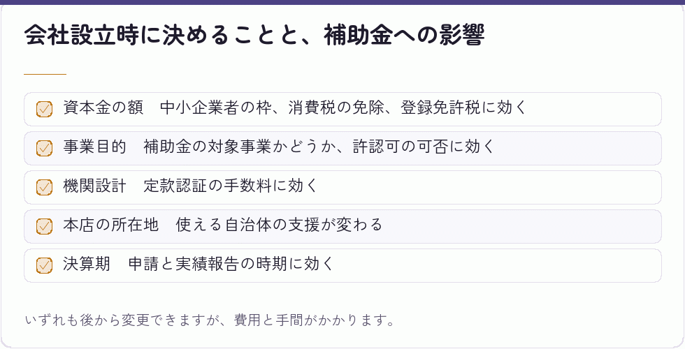 会社設立時の決定事項と補助金の関係