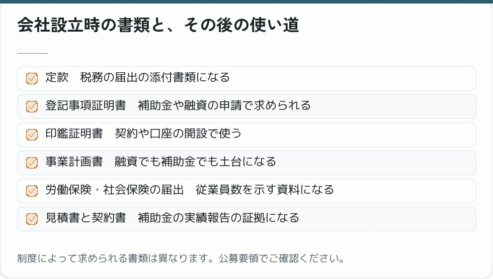 会社設立時の書類と補助金申請での使い道