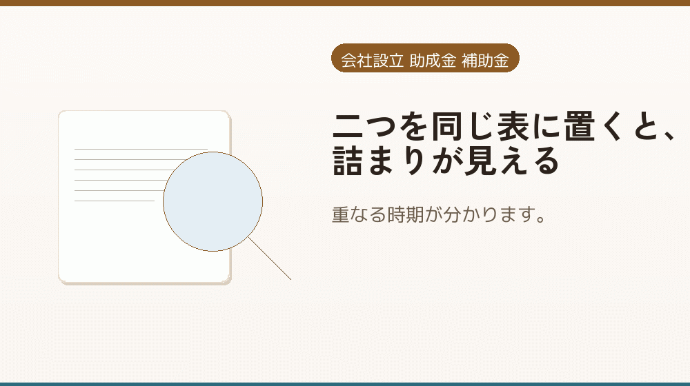 二つを同じ表に置くと、詰まりが見える|会社設立の補助金と支援