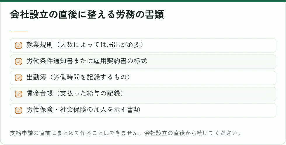 会社設立の直後に整える労務の書類｜会社設立の補助金