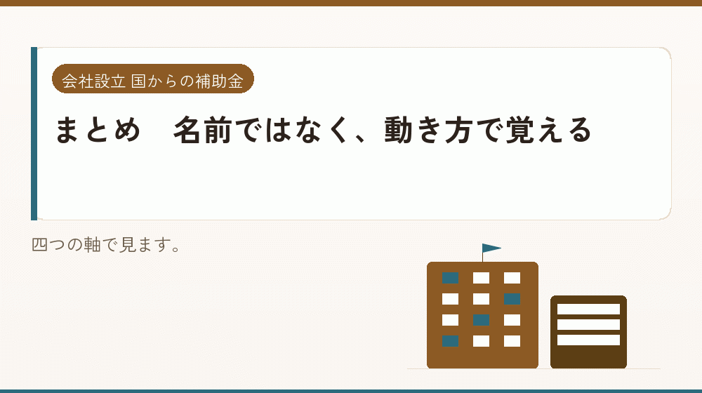 まとめ｜名前ではなく、動き方で覚える｜会社設立の補助金と支援