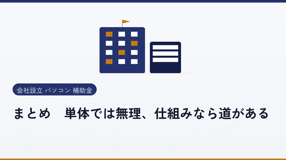 まとめ｜単体では無理、仕組みなら道がある｜会社設立の補助金と支援