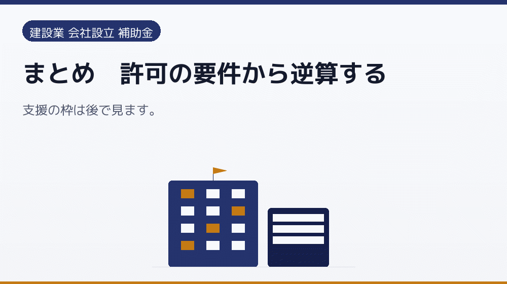 まとめ｜許可の要件から逆算する｜会社設立の補助金と支援