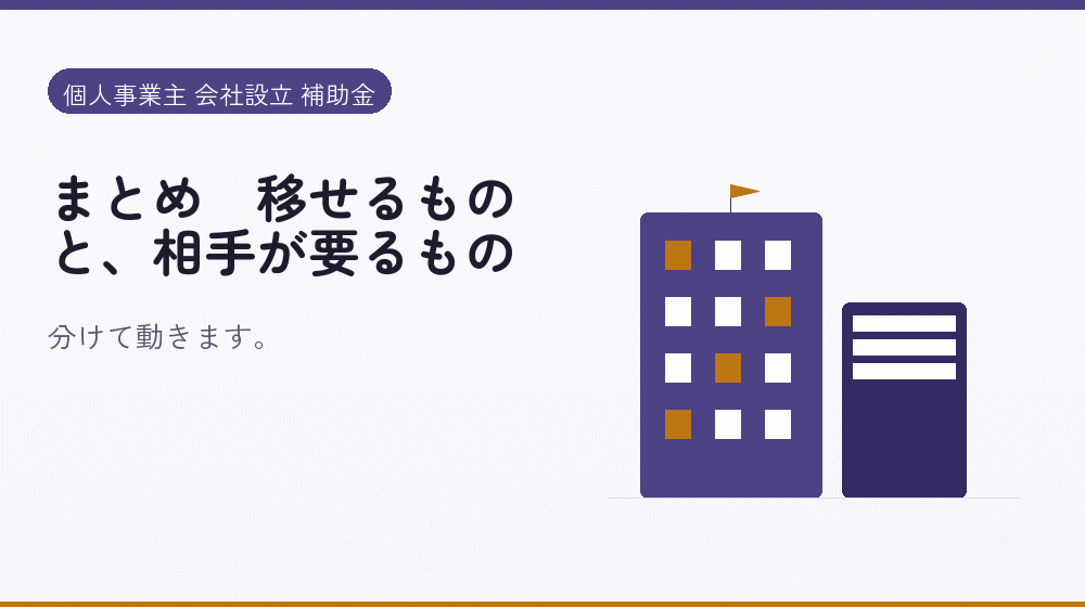 まとめ｜移せるものと、相手が要るもの｜会社設立の補助金と支援