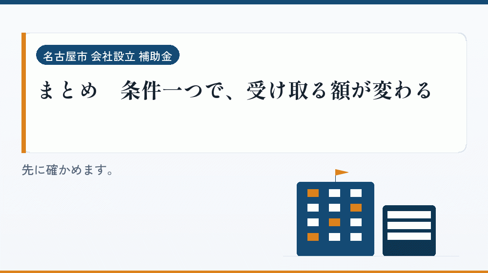 まとめ｜条件一つで、受け取る額が変わる｜会社設立の補助金と支援