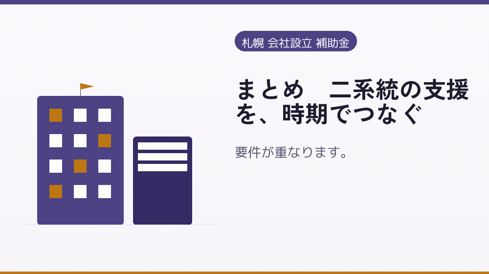 まとめ｜二系統の支援を、時期でつなぐ｜会社設立の補助金と支援