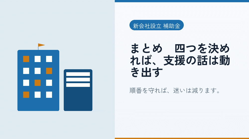 まとめ｜四つを決めれば、支援の話は動き出す｜会社設立の補助金と支援