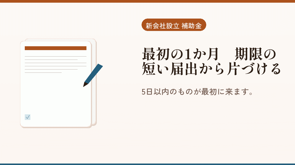 最初の1か月｜期限の短い届出から片づける｜会社設立の補助金と支援