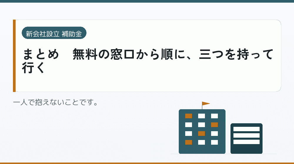 まとめ｜無料の窓口から順に、三つを持って行く｜会社設立の補助金と支援