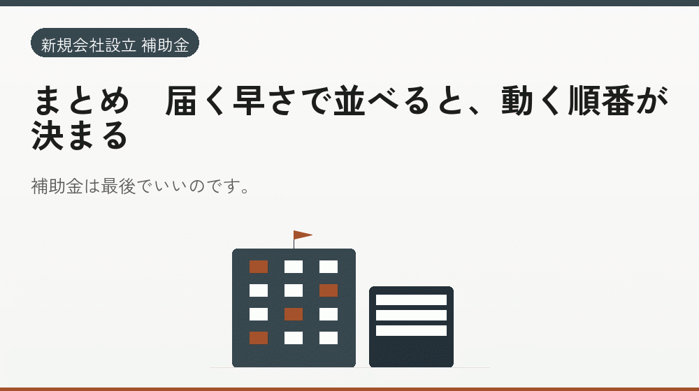 まとめ｜届く早さで並べると、動く順番が決まる｜会社設立の補助金と支援